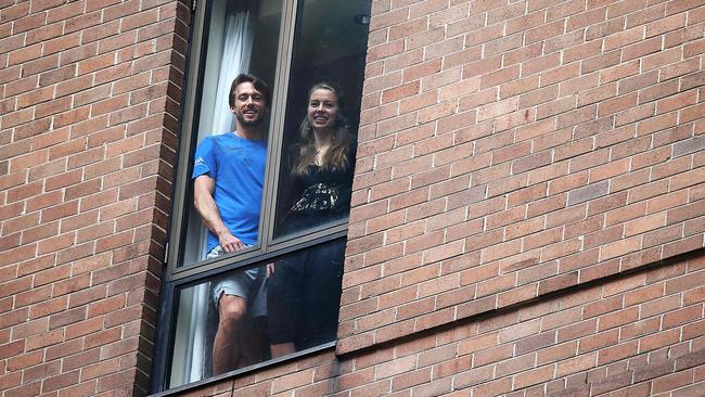 Tennis player John Millman and his girlfriend Fee Maeueler quarantining in Sydney’s Sofitel Wentworth Hotel. Picture: Jane Dempster