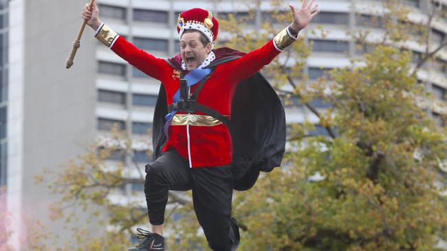 Moomba Monarch Rob Mills takes flight at the Moomba Birdman Rally on the Yarra River in Melbourne. Picture: David Crosling