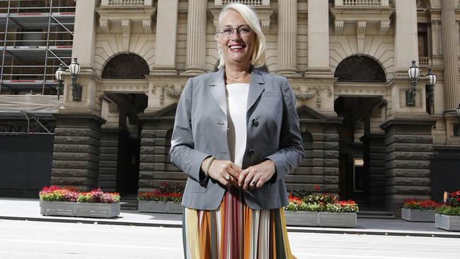 Lord Mayor Sally Capp outside Melbourne Town Hall. Picture: David Caird