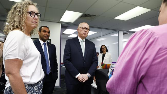 Peter Dutton visits the Alannah & Madeline Foundation in South Melbourne on Wednesday. Picture: Richard Dobson / Newswire