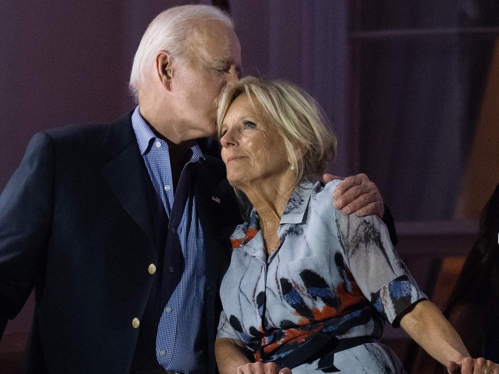 US President Joe Biden kisses First Lady Jill Biden as they watch the Independence Day fireworks display from the White House. Picture: AFP