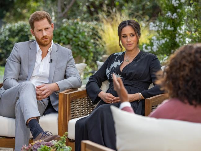 UNSPECIFIED - UNSPECIFIED: In this handout image provided by Harpo Productions and released on March 5, 2021, Oprah Winfrey interviews Prince Harry and Meghan Markle on A CBS Primetime Special premiering on CBS on March 7, 2021. (Photo by Harpo Productions/Joe Pugliese via Getty Images)