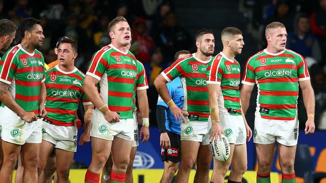 Rabbitohs players look dejected after conceding a try to the Eels. Picture: Getty Images