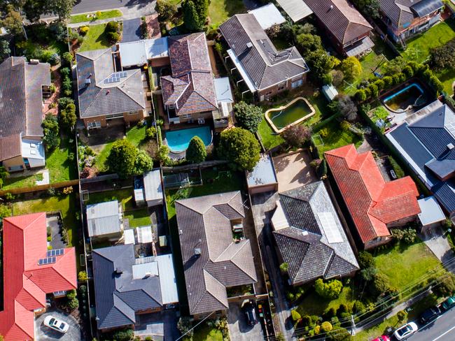 Aerial shot of houses in the outer suburbs of Melbourne.