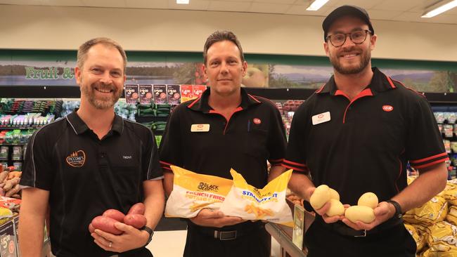 Piccones general manager Trent Haddow, Edmonton store manager Heath Randall and produce manager Taylor Bartley-Rayner agreed that frozen chips might be popular but that nothing beat a delicious homemade chip or wedge using some of their yummy fresh potatoes. Picture: Sandhya Ram