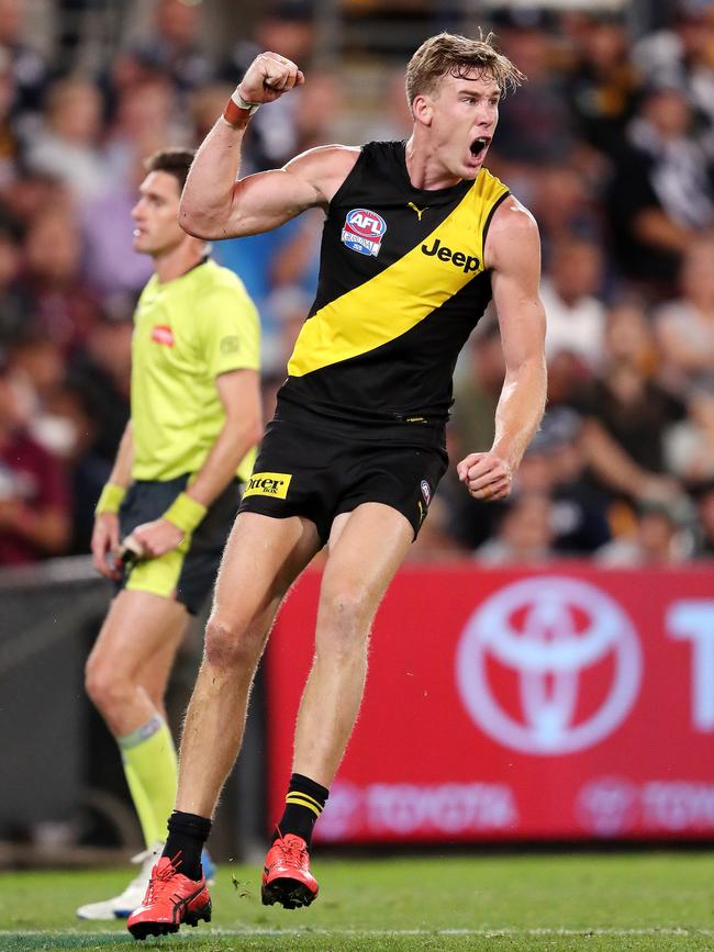 And celebrating a goal in last year’s grand final against the Lions. Picture: Sarah Reed