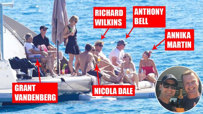 Anthony Bell and his mates and guests soak up the sun on his boat … but where's Michael Clarke? (inset). Pictures: Backgrid/Supplied