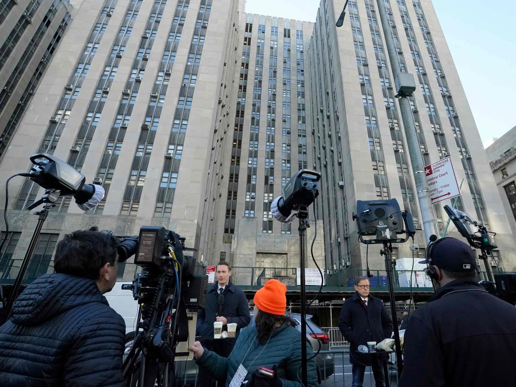 Dozens of TV crews are gathered outside the Manhattan Criminal Court. Picture: Timothy Clary/AFP