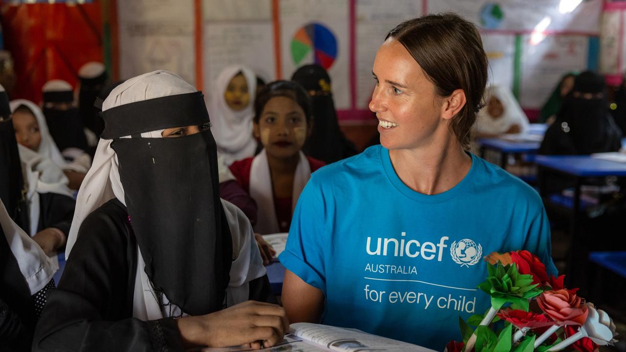 Emma McKeon visits classrooms inside Cox's Bazar and asks children what they want to do when they grow up. Picture: Jason Edwards