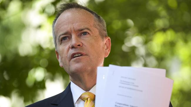 Bill Shorten with Labor's proposed bill addressing the recommendations of the banking royal commission. Picture: AAP