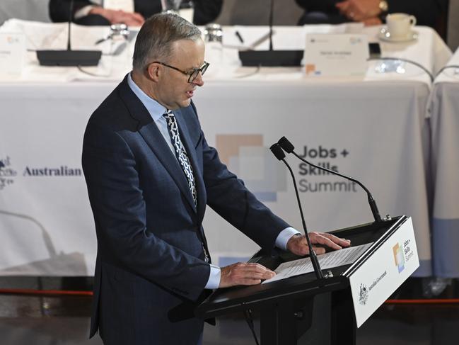 Mr Albanese addresses the Jobs and Skills Summit at Parliament House. Picture: Getty