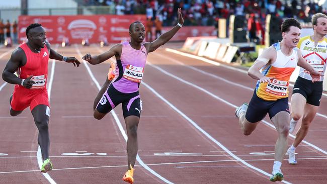 Australia's Lachlan Kennedy (2R) crosses the finish line in the Men's 100m event at the ABSA Kip Keino Classic – World Continental Tour Gold in Nairobi on May 31, 2025. Picture: Tony Karumba / AFP.
