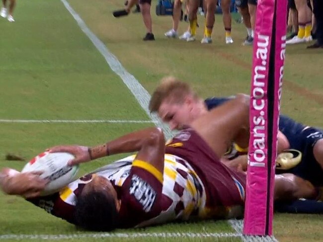 A tackle for the highlight reel for years to come. Picture: Fox Sports Australia