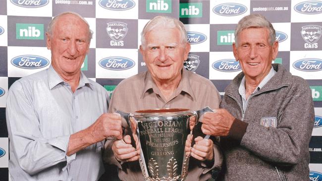 Geelong’s 1952 premiership half-back line of Geoff Williams, John Hyde and Russell Middlemiss.