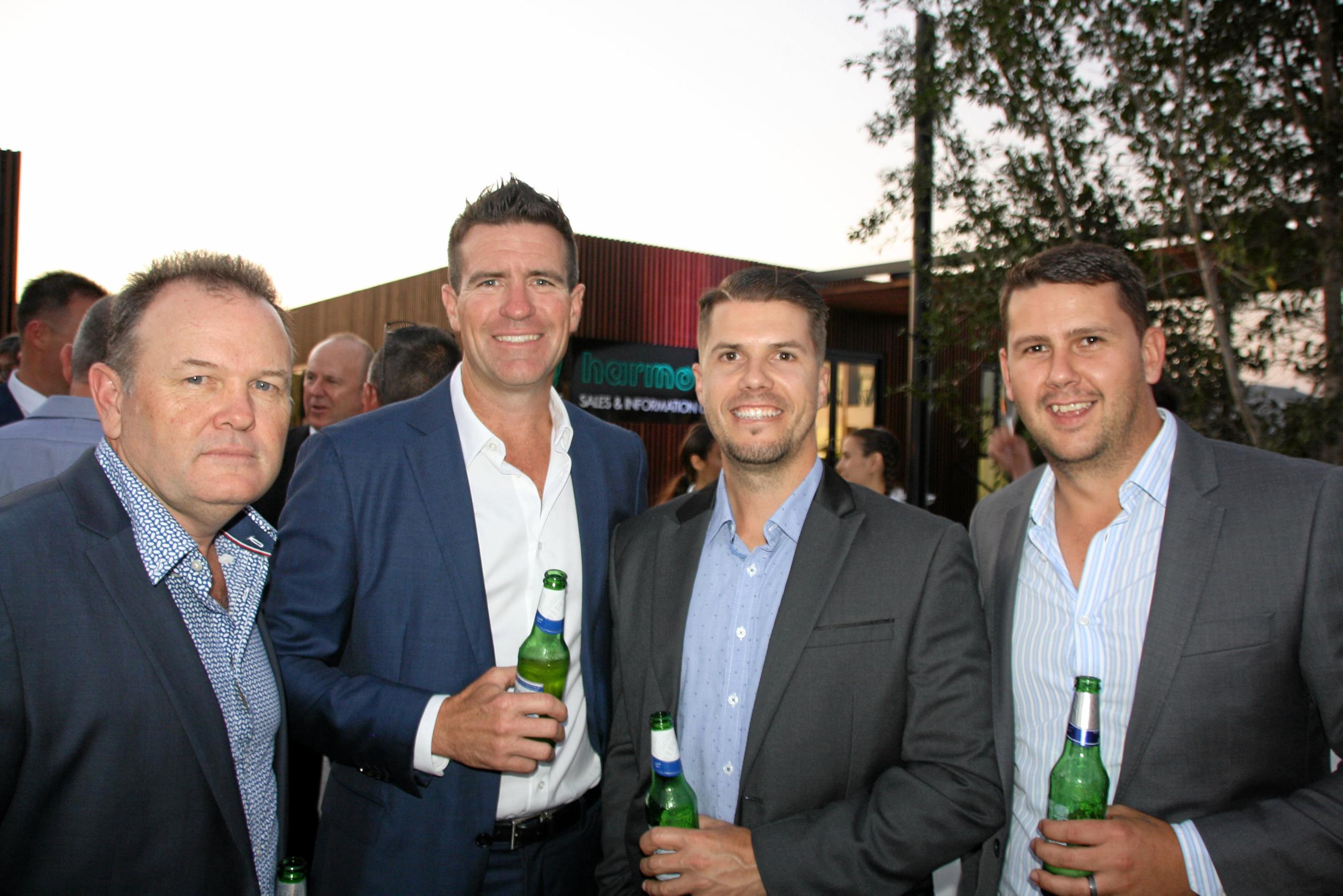 Jason McGarry of Eureka Landscapes with Ray Shadforth of Shadforth Civil Contractors, Chris Howard of AVID and Shaun Livesey of Eureka at AVID Property Group's launch of its new sales and information centre in Palmview's master-planned community of Harmony. Picture: Erle Levey