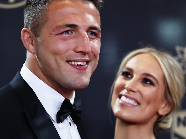 SYDNEY, AUSTRALIA - SEPTEMBER 28:  Sam Burgess of the Rabbitohs and wife Phoebe Burgess arrive at the 2016 Dally M Awards at Star City on September 28, 2016 in Sydney, Australia.  (Photo by Ryan Pierse/Getty Images)