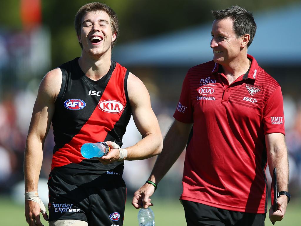 COLAC, AUSTRALIA - MARCH 11:  Zach Merrett of the Bombers reacts with Bombers head coach John Worsfold after the win during the JLT Community Series AFL match between the Geelong Cats and the Essendon Bombers at Central Reserve on March 11, 2018 in Colac, Australia.  (Photo by Michael Dodge/Getty Images)