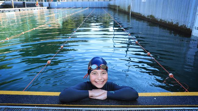 Matilda Dillon, 10 enjoys a Covid-safe dip at the refurbished and newly reopened Dawn Fraser Baths in Balmain in Sydney’s inner west. Picture: John Feder