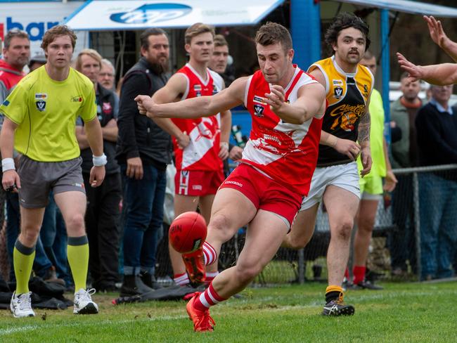 James Hallahan boots the Sorras forward. Picture: Jay Town