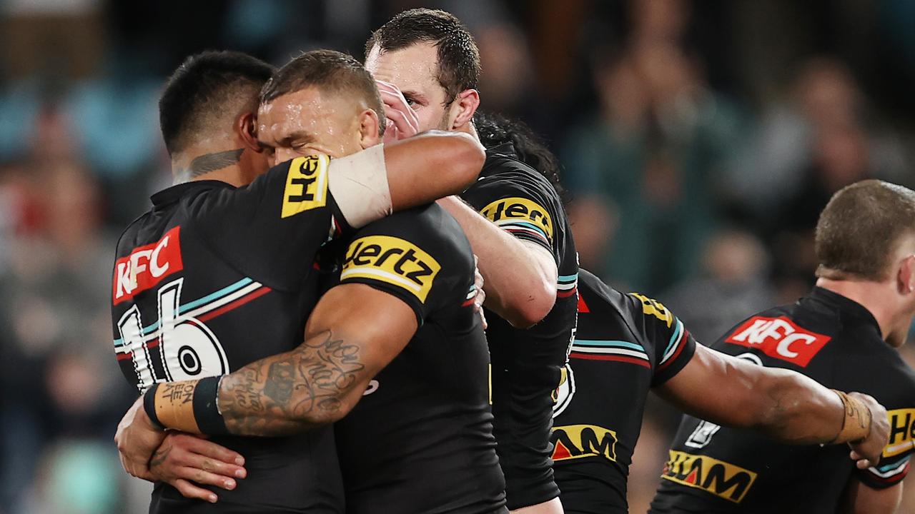 SYDNEY, AUSTRALIA - SEPTEMBER 22: Spencer Leniu and James Fisher-Harris of the Panthers celebrate after winning the NRL Preliminary Final match between the Penrith Panthers and Melbourne Storm at Accor Stadium on September 22, 2023 in Sydney, Australia. (Photo by Brendon Thorne/Getty Images)