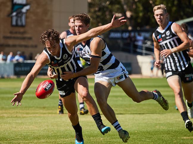 Port's Boyd Woodcock and South's Matthew Rose in the SANFL match between Port Adelaide and South Adelaide at Alberton Oval, Saturday, April 6, 2019. Picture: MATT LOXTON