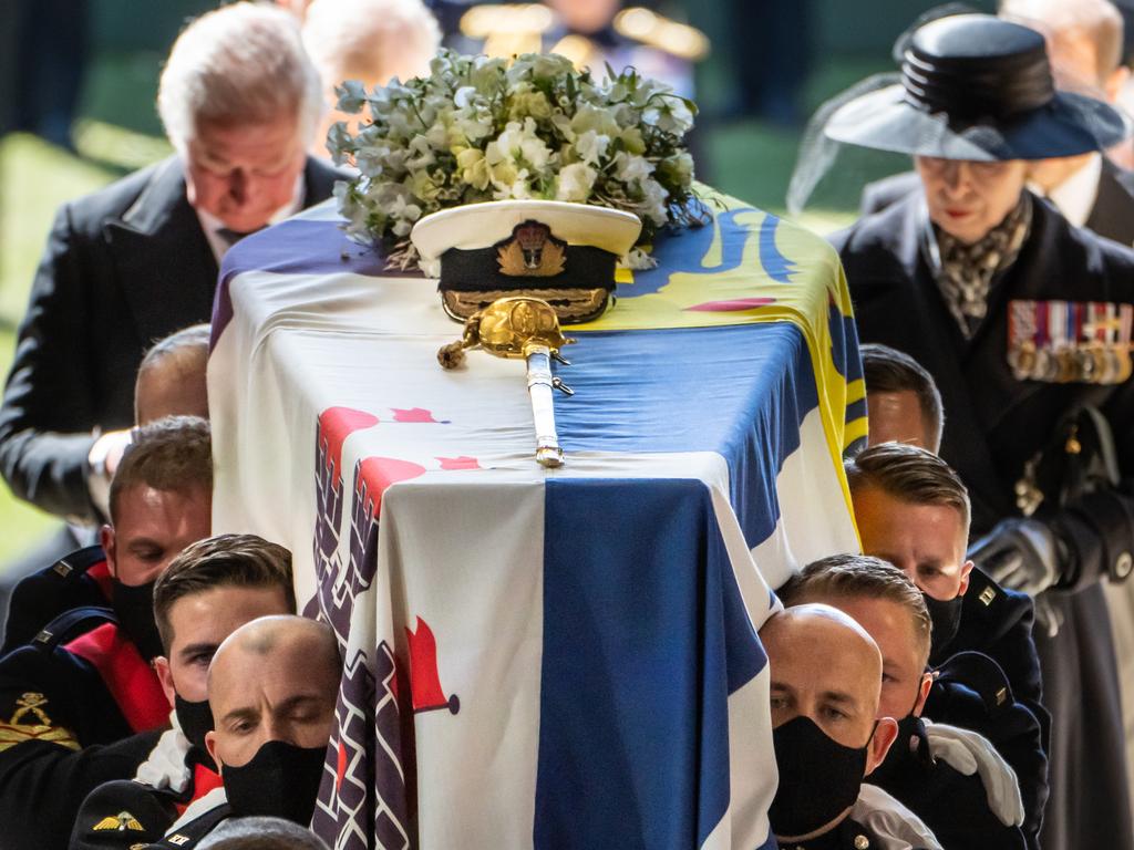 Prince Charles and his sister Princess Anne flank their father’s coffin as it is carried into St George’s Chapel at Windsor Castle on Saturday. Picture: Danny Lawson/ Getty Images