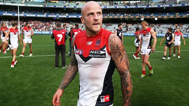 Melbourne co-captain Nathan Jones walks off the MCG. Picture: Wayne Ludbey