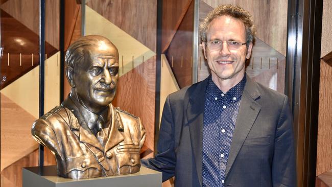 Michael Bennett with a bust of his great-grandfather Sir John Monash at the centre near Villers-Bretonneux. Picture: Patrick Walters