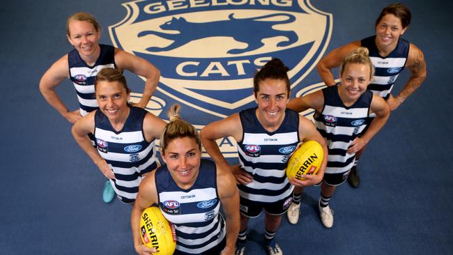 Geelong’s leadership group led by Hickey (front) includes (from left) Aasta O'Connor, Anna Teague, Rebecca Goring, Renee Garing and Richelle Cranston. Picture: Glenn Ferguson