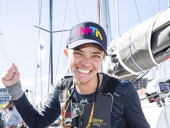 Jessica Watson after arriving at Hobart onboard the Azzurro. Picture: Chris Kidd