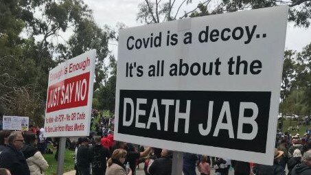 A sign denouncing the Covid vaccine. Picture Brad Crouch