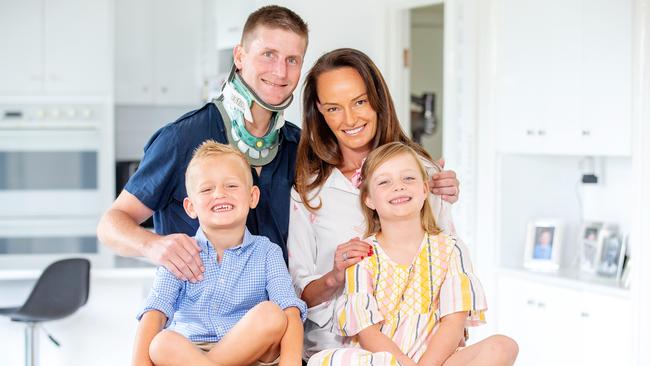 Champion jockey Brad Rawiller sustained compressed vertebrae fractures in a race fall last year. He's on the mend and looking to be back on a horse soon. Brad is pictured with wife Carolyn and children Cleo, 7, and Lucas, 4. Picture: Mark Stewart