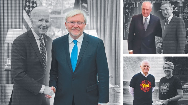 Clockwise from main picture, our man in DC Kevin Rudd meets Joe Biden last year; Paul Keating and China’s Foreign Minister Wang Yi; former Liberal PM Malcolm Turnbull with Labor minister Tanya Plibersek last year.