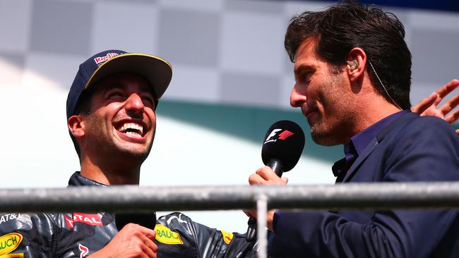 Mark Webber interviews Daniel Ricciardo after a podium finish. Picture: Getty Images