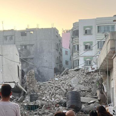 The Church of Saint Porphyrius – one of the oldest in the world – was bombed. Picture: Members of the congregation of Saint Porphyrius