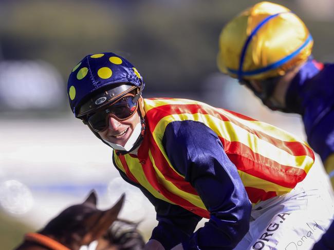 James McDonald on Nature Strip turns to Tommy Berry on Masked Crusader after they passed the post. Picture: Mark Evans/Getty Images