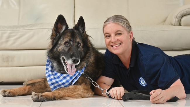 Brevet Sergeant Tina Hunt from the Dog Operations Group and her retired dog Marley. Picture: Keryn Stevens