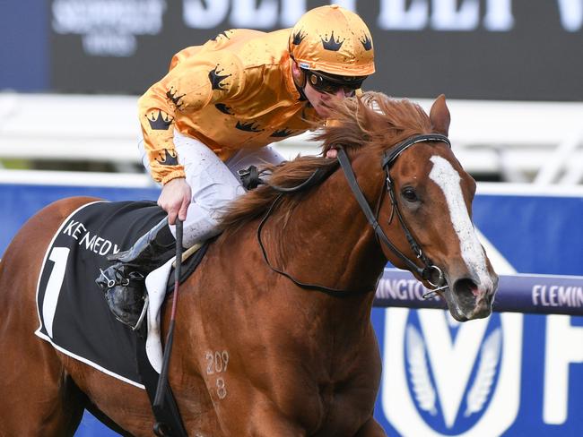 MELBOURNE, AUSTRALIA - JULY 03: Ben Melham riding Royalzel winning Race 4, the Kennedy Taj Rossi Series Final, during Melbourne Racing at Flemington Racecourse on July 03, 2021 in Melbourne, Australia. (Photo by Vince Caligiuri/Getty Images)