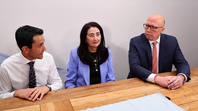 David Crisafulli, Carolyn Robinson and Peter Dutton at a Beyond DV announcement during the Opposition’s election campaign on Friday. Picture: Tertius Pickard