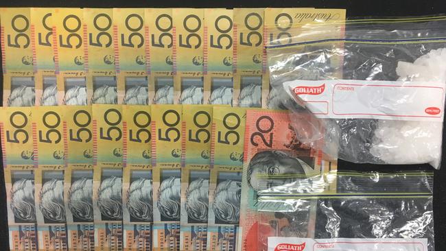 Cash and methamphetamines allegedly uncovered by police.
