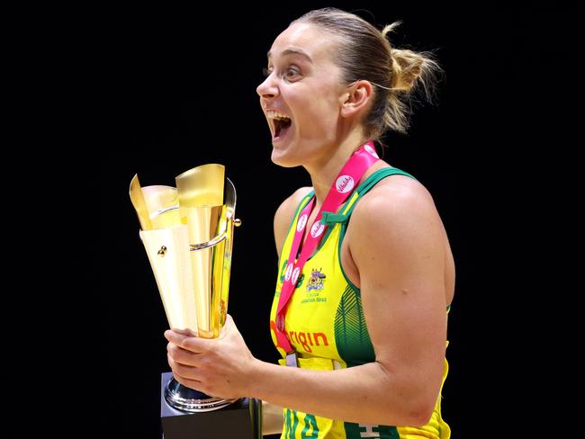 LEEDS, ENGLAND - JANUARY 28: Liz Watson of Australia celebrates with the Vitality Netball Nations Cup trophy following victory in the Vitality Netball Nations Cup Final match between England Vitality Roses and Australia Origin Diamonds at First Direct Arena on January 28, 2024 in Leeds, England. (Photo by George Wood/Getty Images)