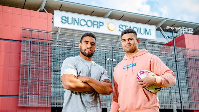 Joe Ofahengaue and David Fifita pose for a photograph at the State of Origin 'Walk of Fame' outside Suncorp Stadium, Tuesday, September 10, 2019 (AAP Image/Richard Walker)