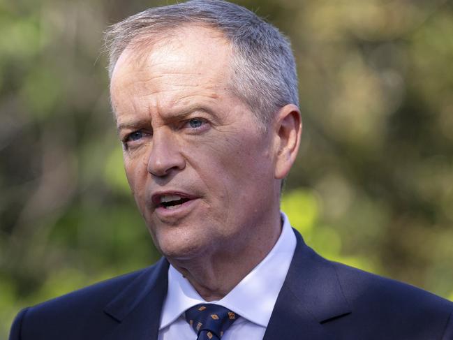 Opposition leader Bill Shorten speaks to the media in Mitcham, Melbourne, with a head tilt. Picture: AAP