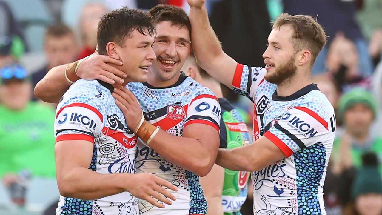 CANBERRA, AUSTRALIA - MAY 25: Joseph Manu of the Roosters celebrates scoring a try during the round 12 NRL match between Canberra Raiders and Sydney Roosters at GIO Stadium, on May 25, 2024, in Canberra, Australia. (Photo by Mark Nolan/Getty Images)