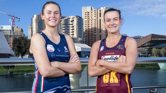 South Adelaide’s Maggie Kerr and Matrics’ Sophie Croft. The two clubs will meet in the live streamed Premier League preliminary final on Friday night. Picture: Mark Brake