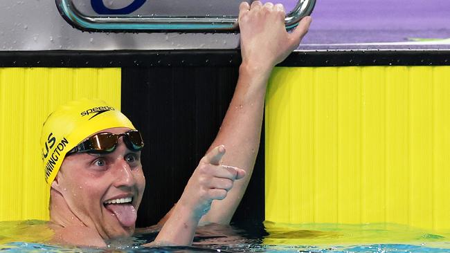 Elijah Winnington smiles after taking gold in the 400m freestyle. Picture: Al Bello/Getty Images