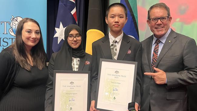 Federal Member for Solomon Luke Gosling OAM congratulates the 2023 Northern Territory Simpson Prize Winner and Runner Up at Parliament House in Canberra. Picture: Supplied.