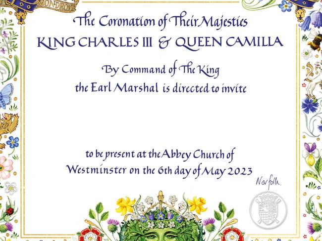 Buckingham Palace last week released an image of the invitation for the May 6, 2023 Coronation of Britain's King Charles III, which will be issued to more than 2,000 guests. Photo: Buckingham Palace