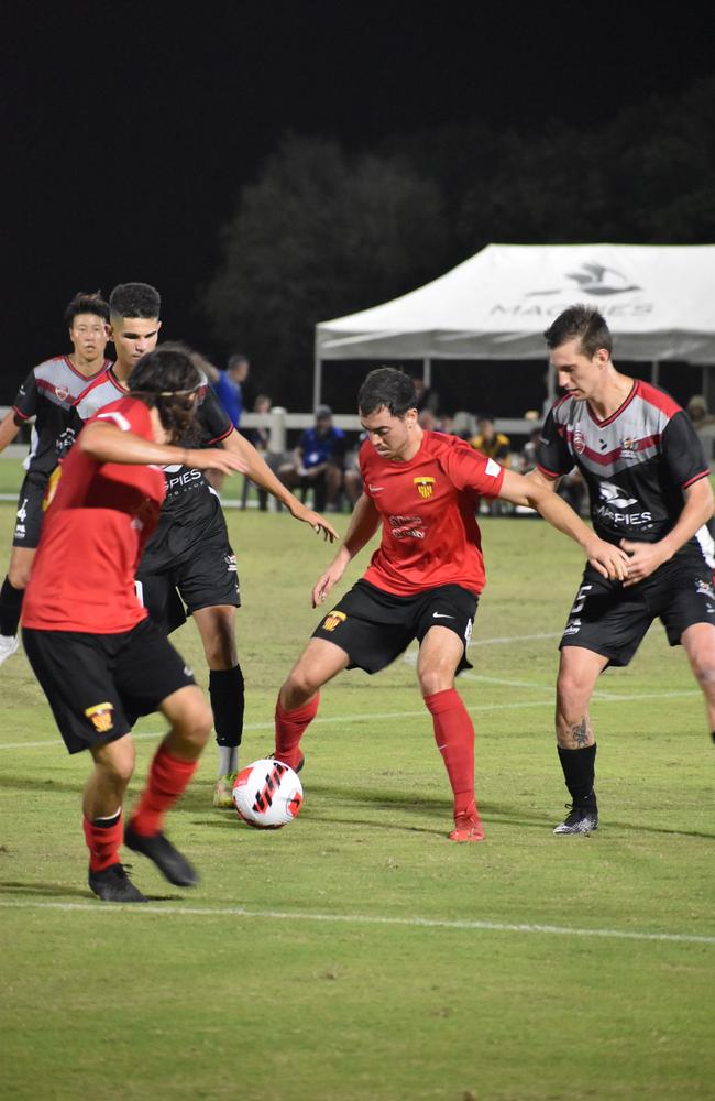 Daniel Simic in action in Magpies Crusaders v Sunshine Coast Fire in the FQPL1 at Sologinkin Oval. Saturday, March 19, 2022. Picture: Tara Miko