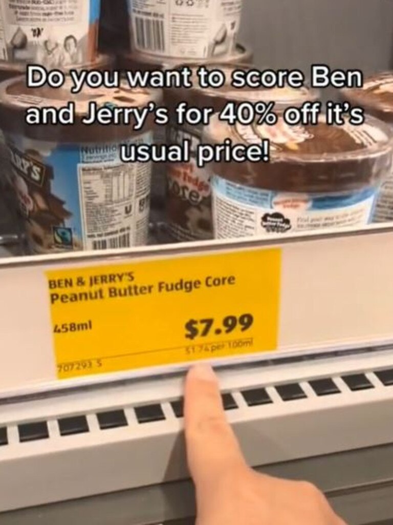 A TikTok user shared a video revealing tubs of Ben &amp; Jerry’s were on sale for only $7.99. Picture: TikTok/@adrianwidjy